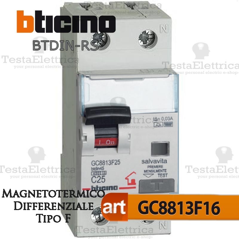 Bticino GA8813A16 Interruttore magnetotermico differenziale 1P+N 16A 30mA